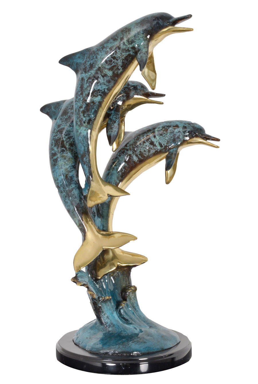 Friends Three Jumping Dolphins Dark Patina on Marble Base 23 Inches Tall_0