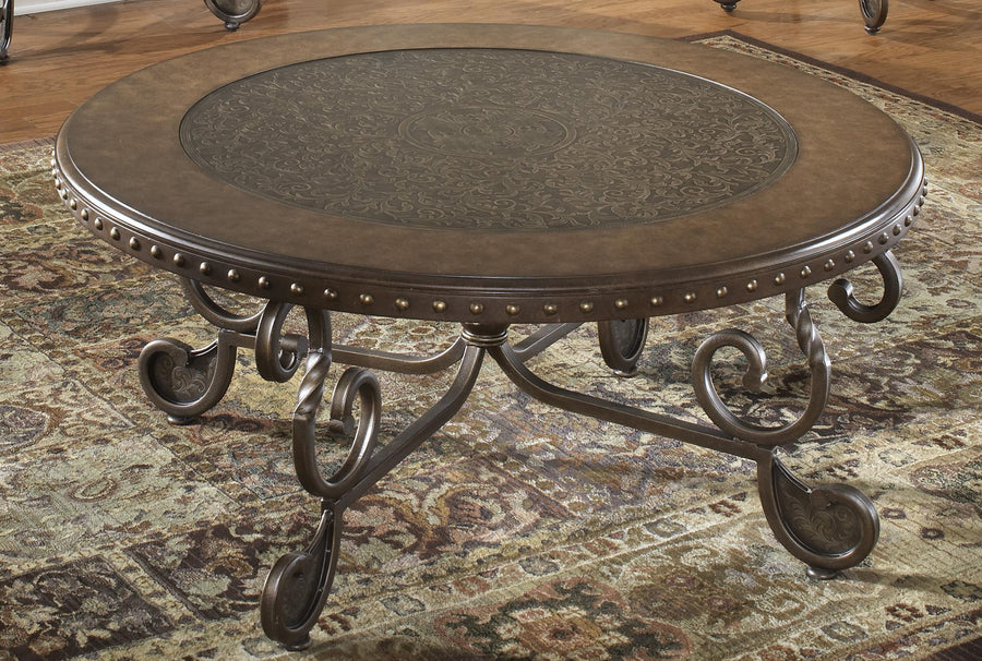 Metal Etched Nailhead Round Cocktail Table_0