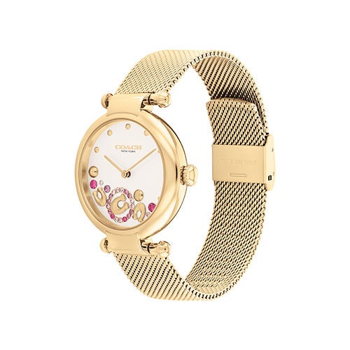 Ladies Cary Gold-Tone Stainless Steel Mesh Watch Pink Crystal Accent Dial_0