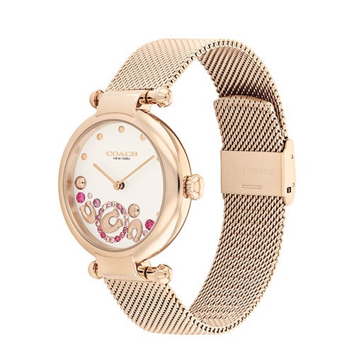 Ladies Cary Rose Gold-Tone Stainless Steel Mesh Watch Pink Crystal Accent Dial_0
