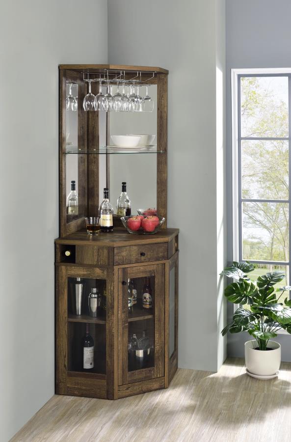 Corner Bar Cabinet with Stemware Rack Rustic Oak_0