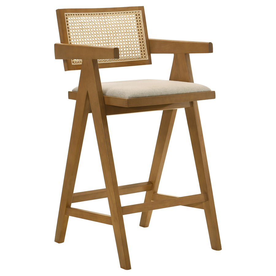 Kane Solid Wood Bar Stool with Woven Rattan Back and Upholstered Seat Light Walnut (Set of 2)_0