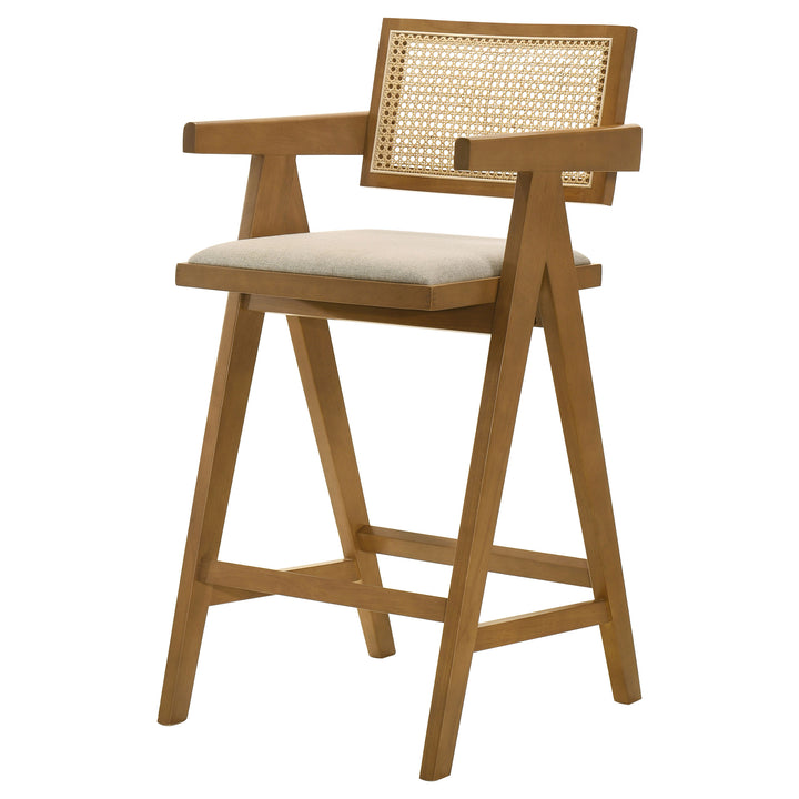 Kane Solid Wood Bar Stool with Woven Rattan Back and Upholstered Seat Light Walnut (Set of 2)_3