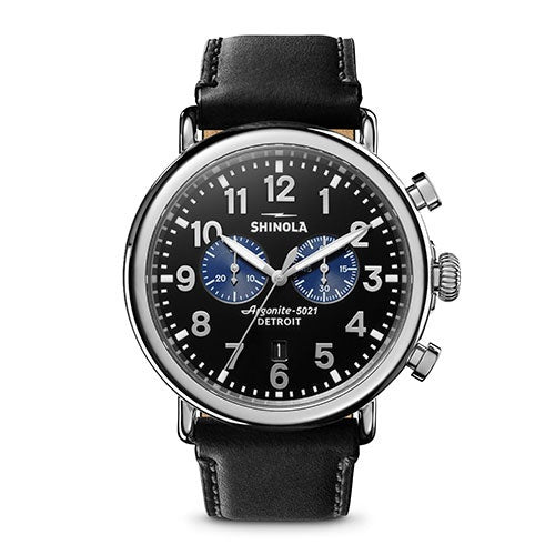 Mens' Runwell Chrono Black Leather Strap Watch, Black Dial_0