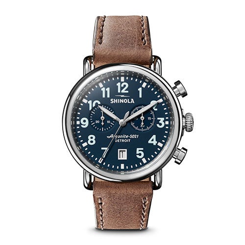 Unisex Runwell Chrono British Tan Leather Strap Watch, Midnight Blue Dial_0