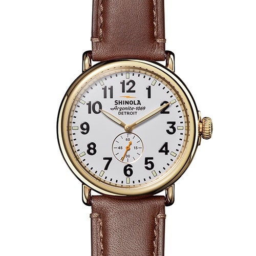 Mens' Runwell Brown Leather Strap Watch, White Dial_0