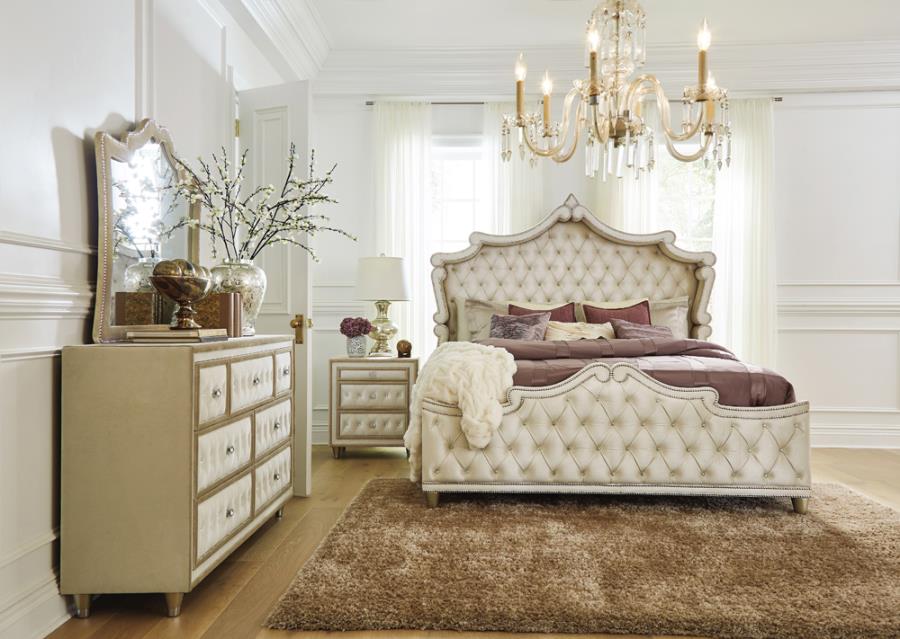 Antonella Upholstered Tufted Bedroom Set Ivory and Camel_0