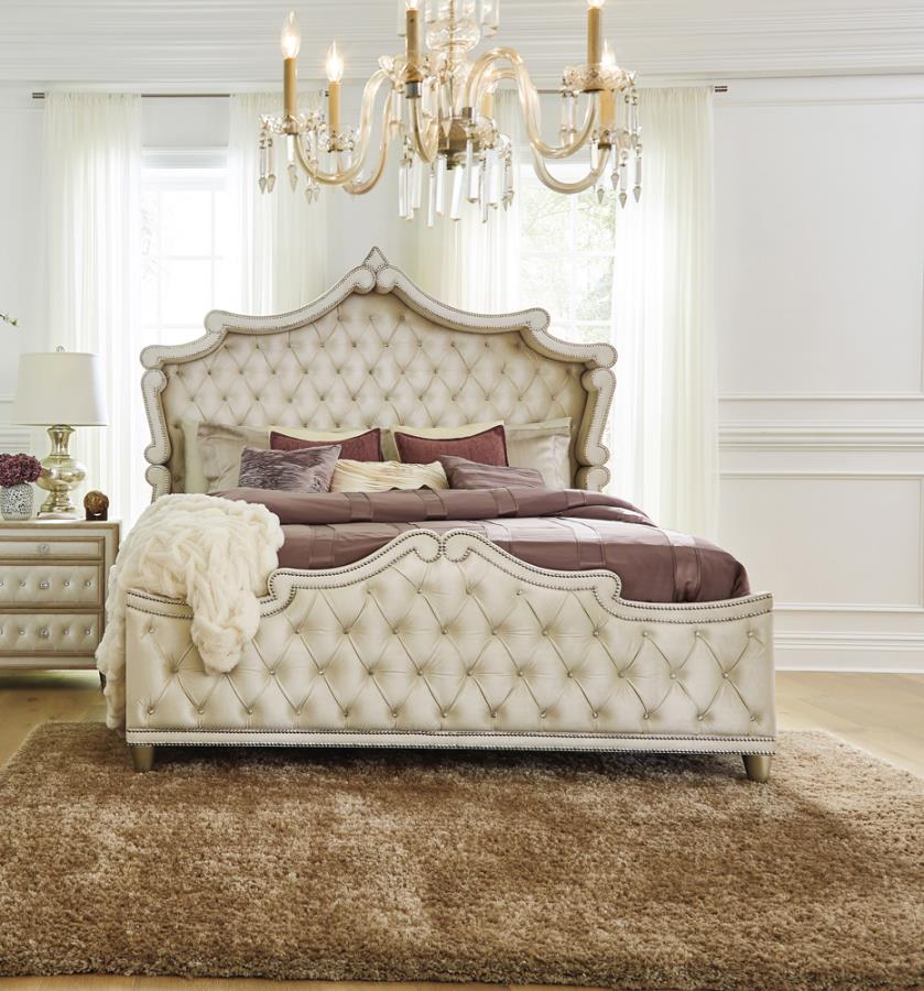 Antonella Upholstered Tufted Bed Ivory and Camel_0