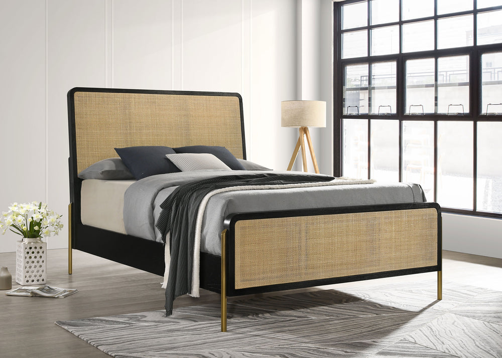 Arini Eastern King Bed with Woven Rattan Headboard Black and Natural_1