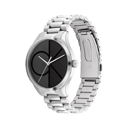 Unisex Silver-Tone Stainless Steel Watch Black CK Logo Dial_0