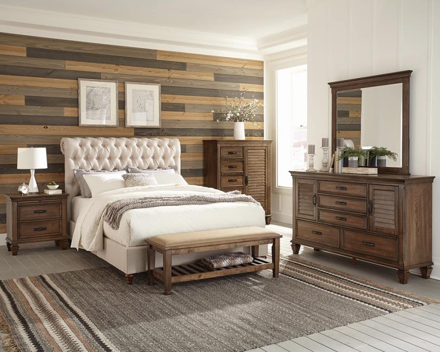 Devon 4-piece Upholstered California King Bedroom Set Beige and Burnished Oak_0