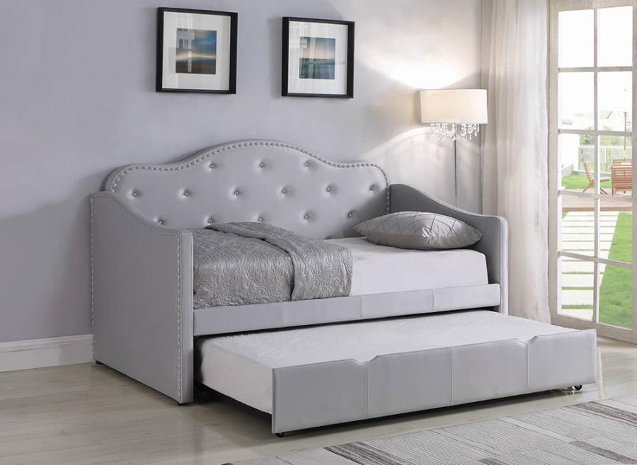 Upholstered Twin Daybed with Trundle Pearlescent Grey_9
