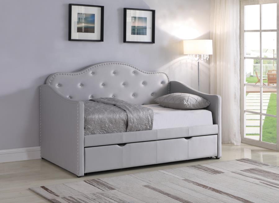 Upholstered Twin Daybed with Trundle Pearlescent Grey_0
