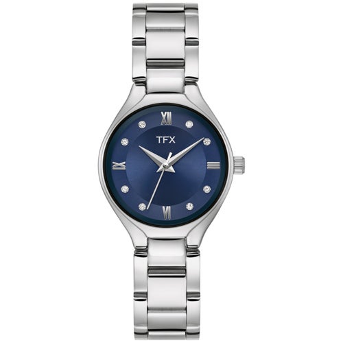 TFX Ladies' Silver-Tone Stainless Steel Watch w/ Crystal Markers, Navy Dial_0