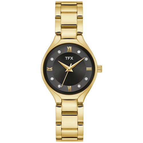 TFX Ladies' Gold-Tone Stainless Steel Watch w/ Crystal Markers, Black Dial_0