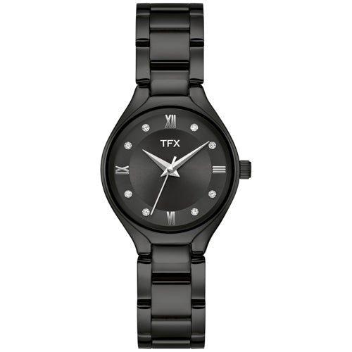 TFX Ladies' Black IP Stainless Steel Watch w/ Crystal Markers, Black Dial_0