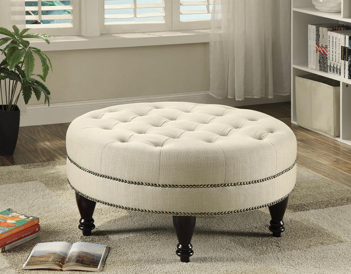 Round Upholstered Tufted Ottoman Oatmeal_0