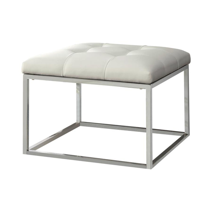 Upholstered Tufted Ottoman White and Chrome_1