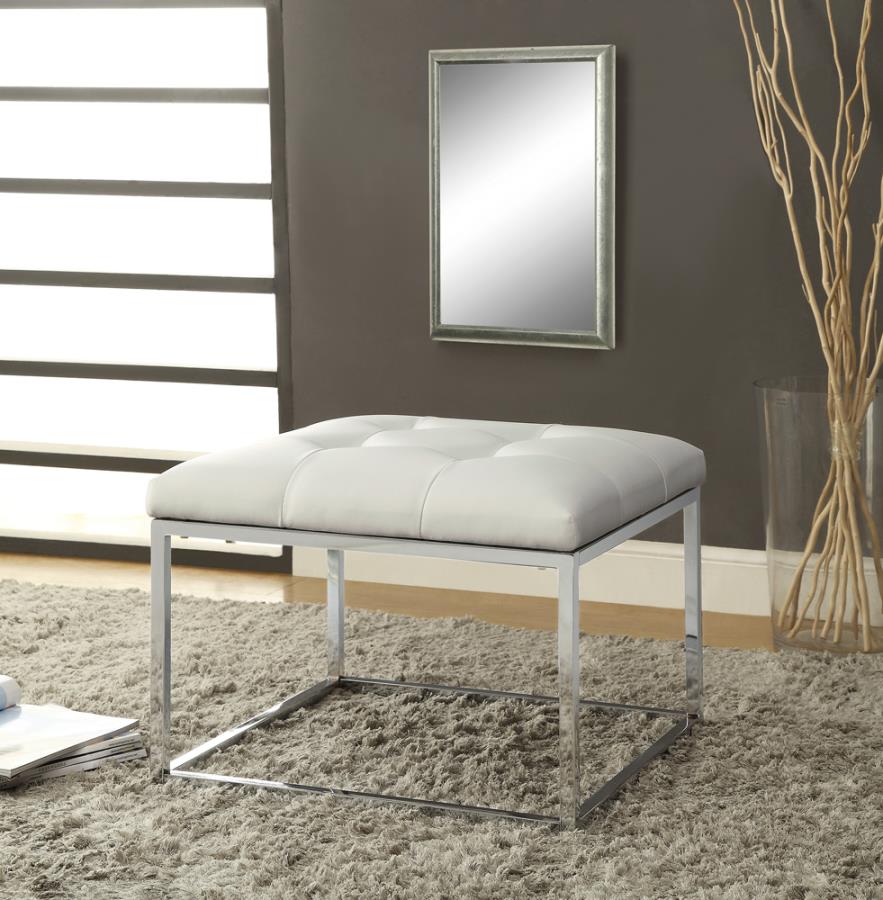 Upholstered Tufted Ottoman White and Chrome_0