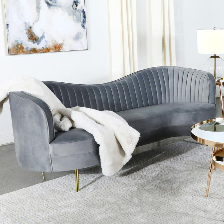 Sophia Upholstered Sofa with Camel Back Grey and Gold_0