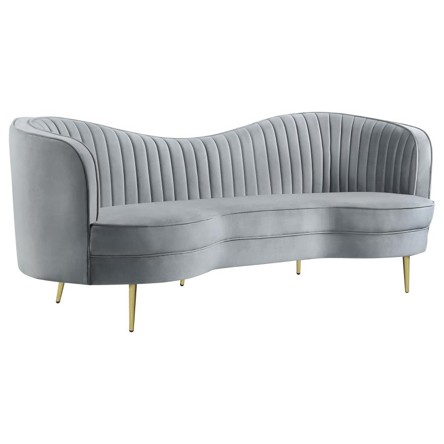 Sophia Upholstered Sofa with Camel Back Grey and Gold_1