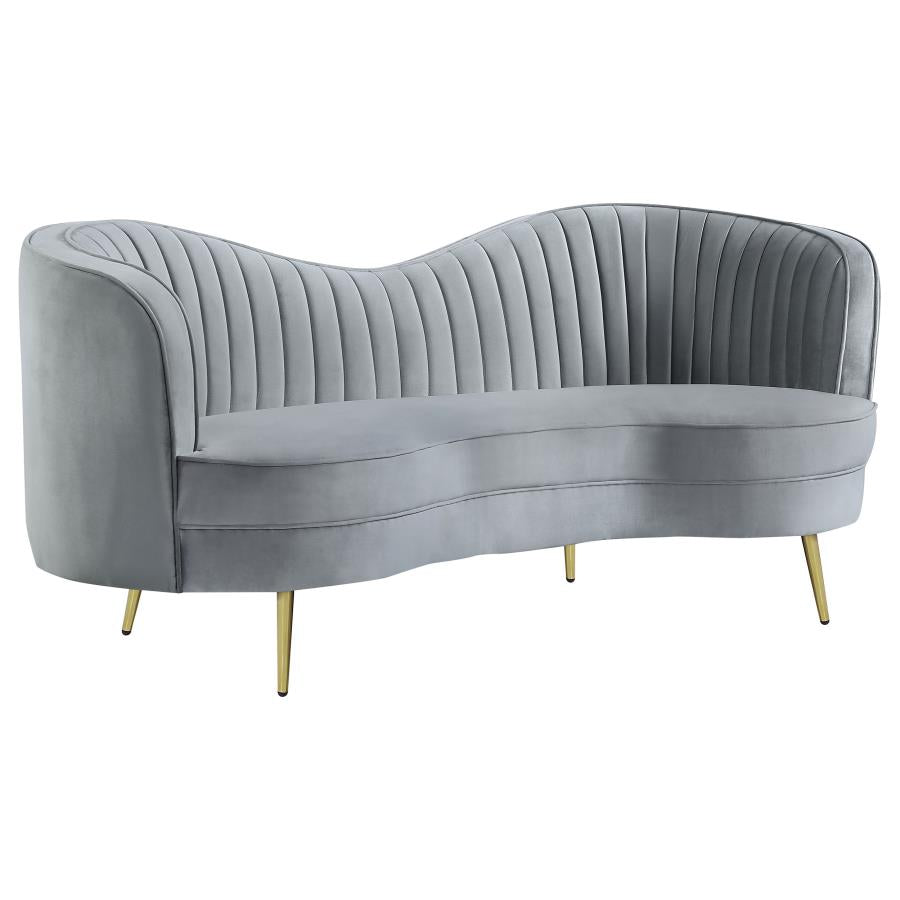 Sophia Upholstered Loveseat with Camel Back Grey and Gold_1