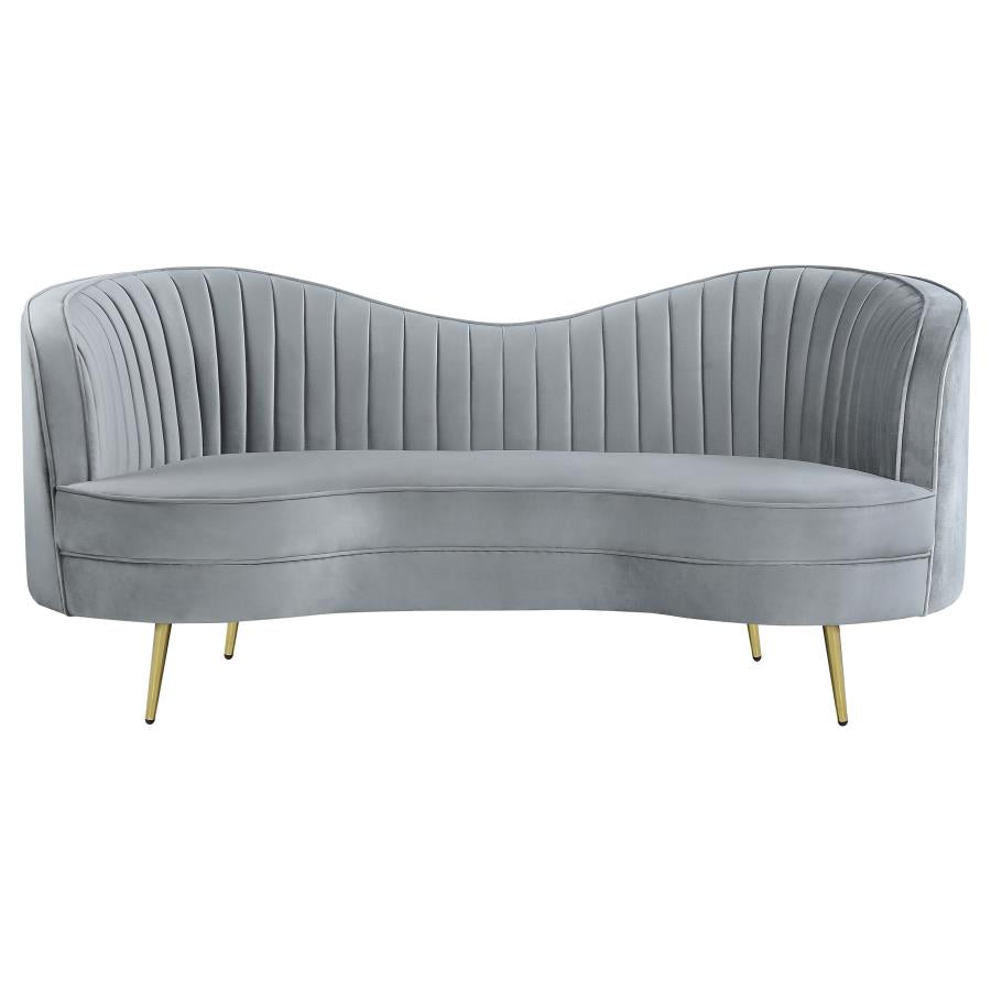 Sophia Upholstered Loveseat with Camel Back Grey and Gold_2