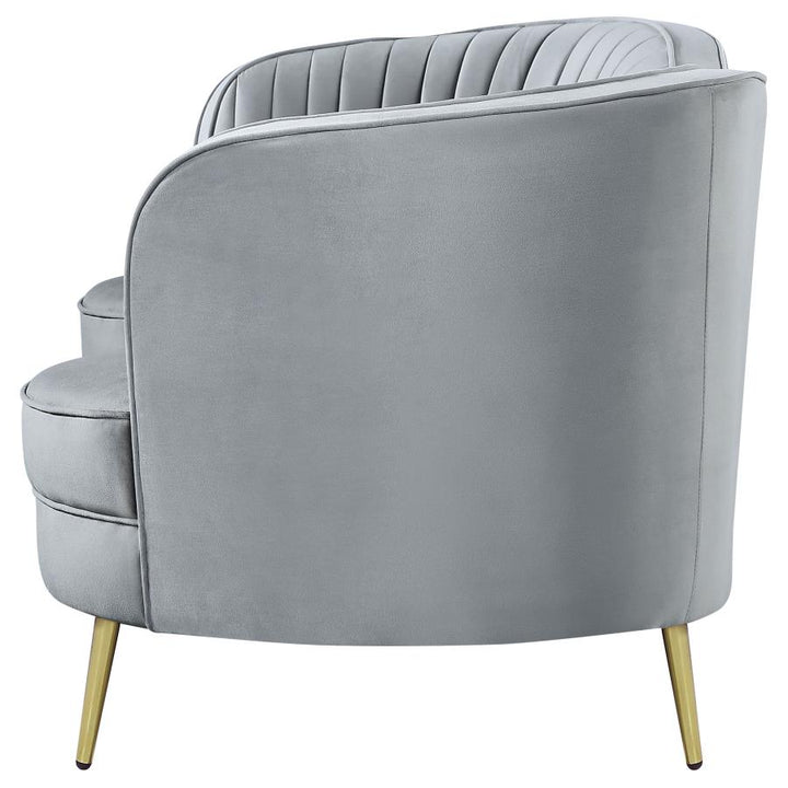 Sophia Upholstered Loveseat with Camel Back Grey and Gold_4