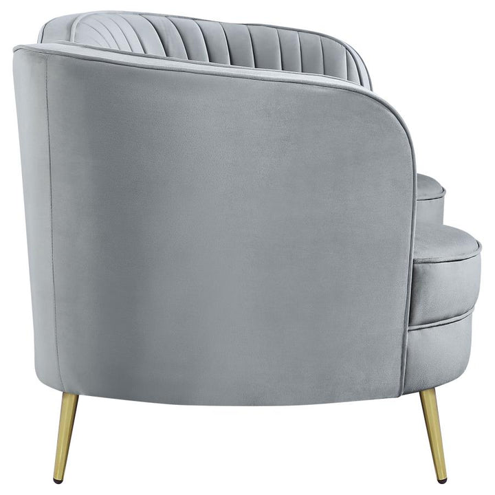 Sophia Upholstered Loveseat with Camel Back Grey and Gold_6