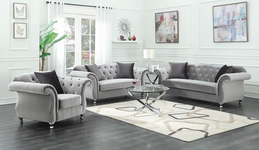 Frostine Upholstered Tufted Living Room Set Silver_0