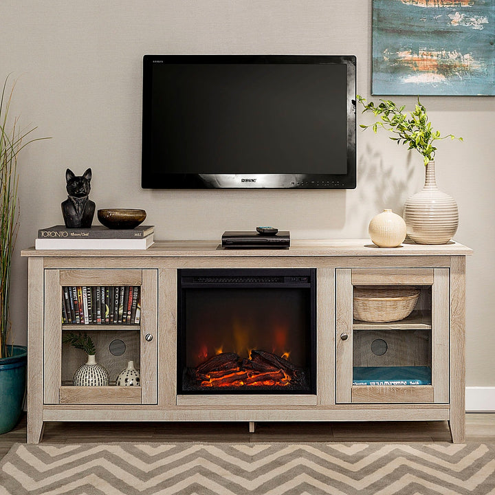 Walker Edison - Traditional Two Glass Door Fireplace TV Stand for Most TVs up to 65" - White Oak_2