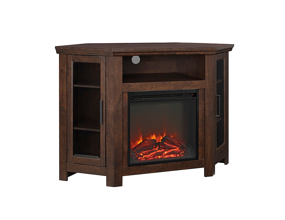 Walker Edison - Glass Two Door Corner Fireplace TV Stand for Most TVs up to 55" - Traditional Brown_1