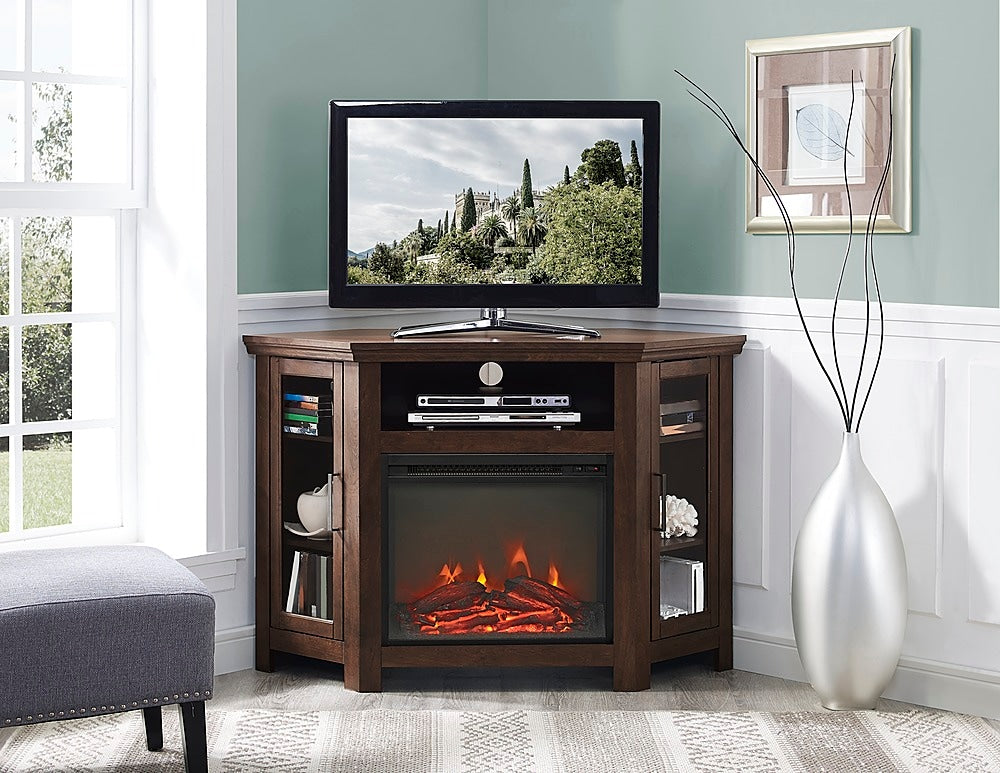 Walker Edison - Glass Two Door Corner Fireplace TV Stand for Most TVs up to 55" - Traditional Brown_3