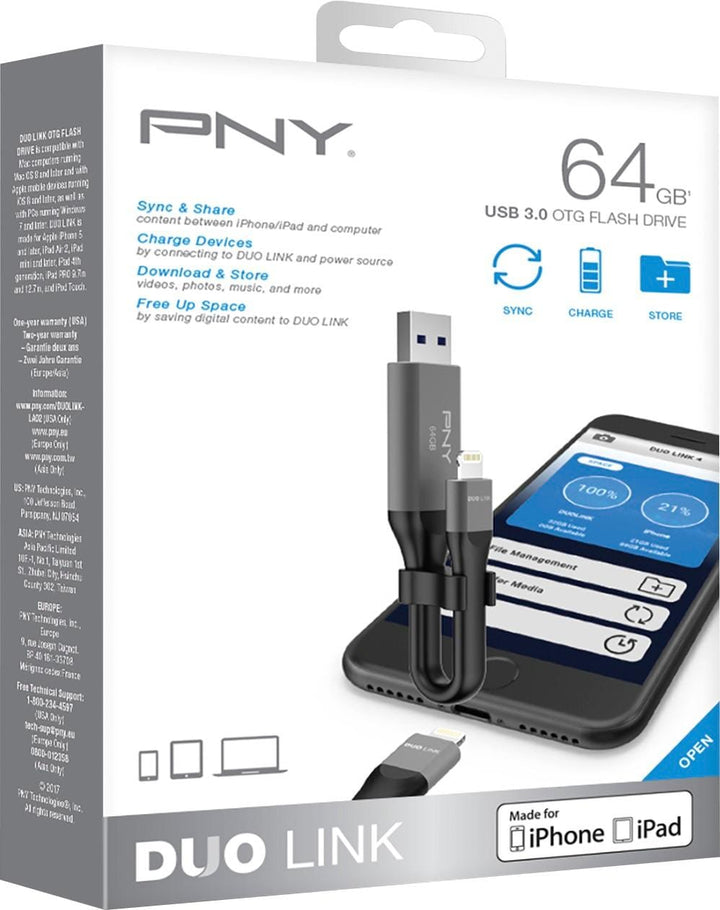 PNY - 64GB Duo Link iOS USB 3.0 OTG Flash Drive for iOS Devices and Computers - Mobile Storage for Photos, Videos, & More_1