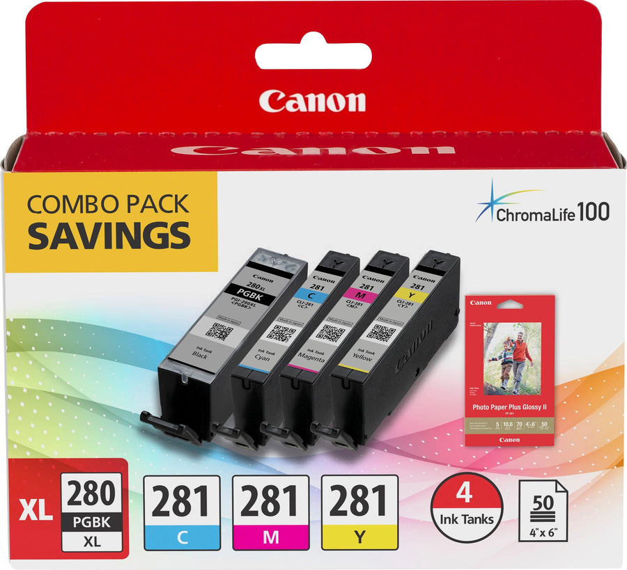 Canon - PGI-280 XL/CLI-281 4-Pack High-Yield - Pigment Black, Standard Capacity - Cyan, Magenta, Yellow Cartridges + Photo Paper - Black, Cyan, Magenta, Yellow_0