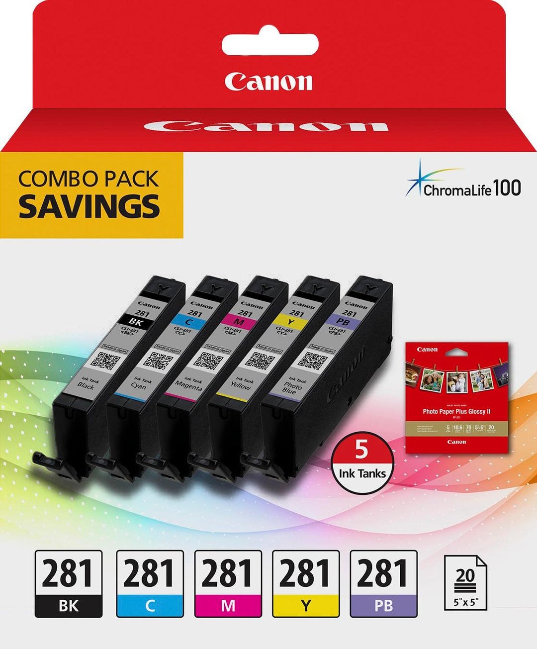 Canon - CLI-281 5-Pack Standard Capacity - Black, Cyan, Magenta, Yellow & Photo Blue Ink Cartridges + Photo Paper - Black/Cyan/Magenta/Yellow/Photo Blue_0