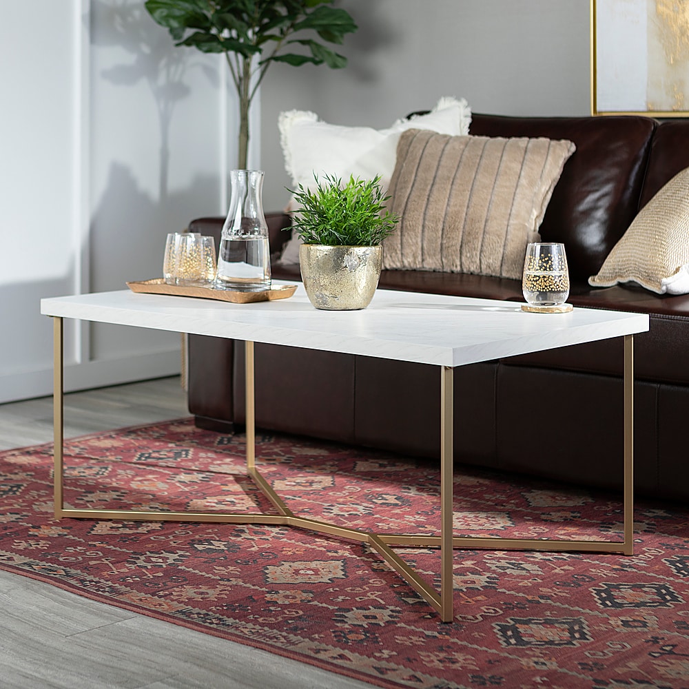 Walker Edison - Luxe Mid Century Modern Y-Leg Coffee Table - White Faux Marble And Gold Finish_4