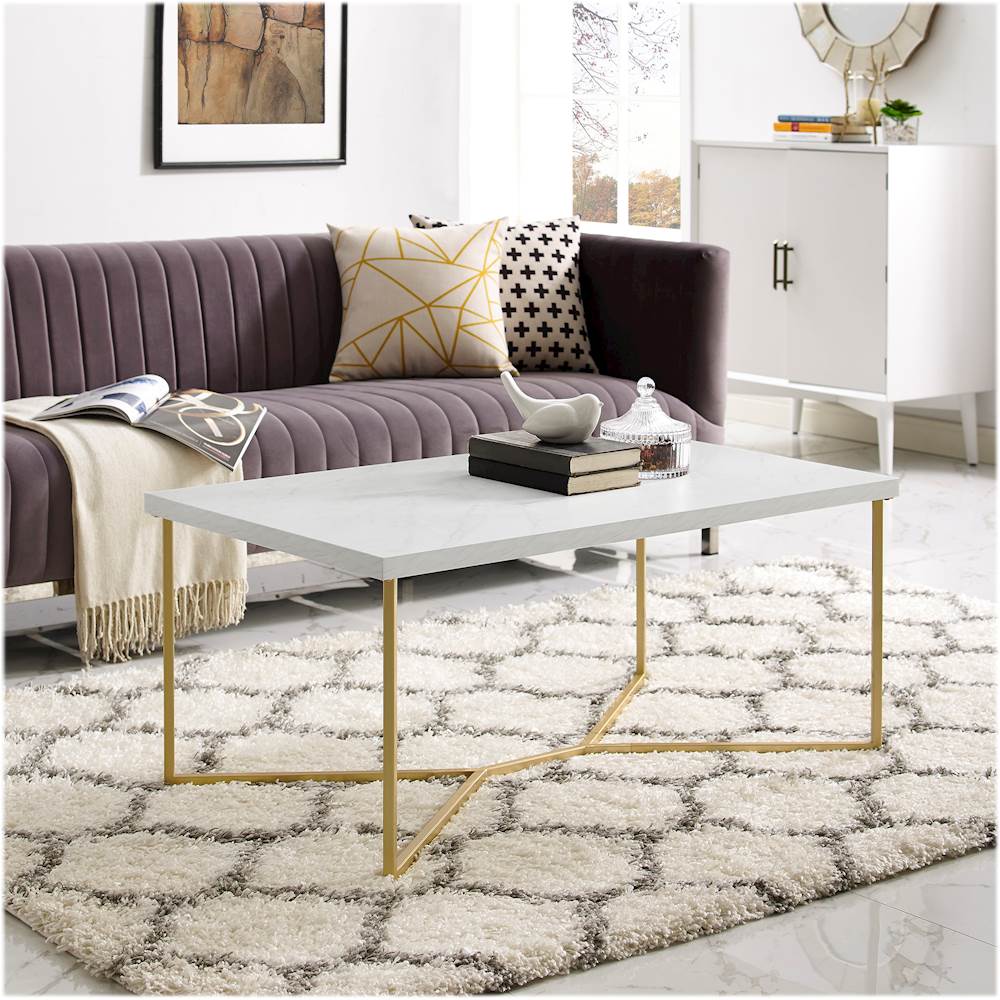 Walker Edison - Luxe Mid Century Modern Y-Leg Coffee Table - White Faux Marble And Gold Finish_3