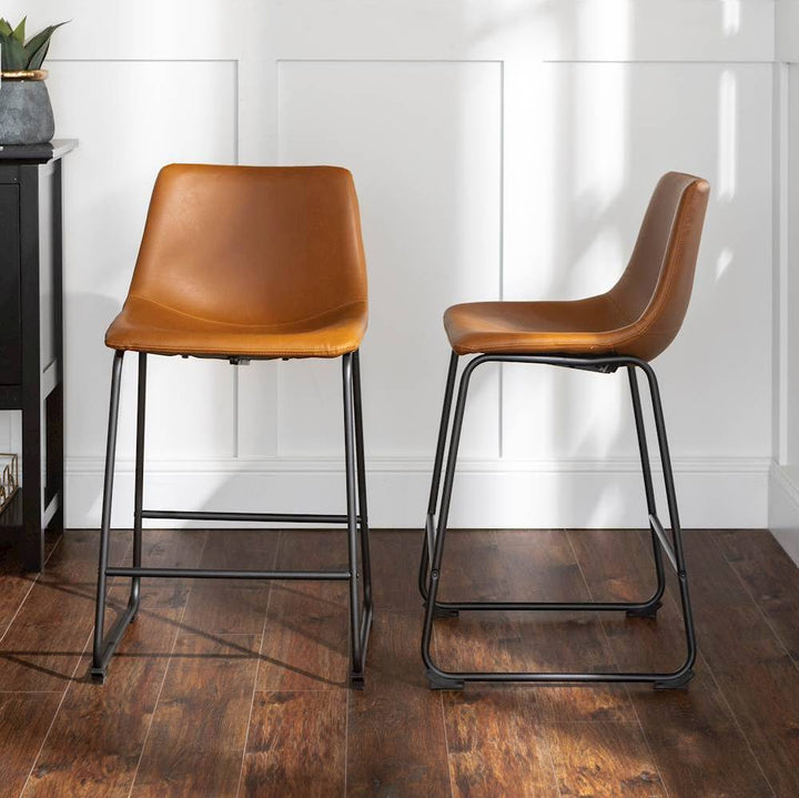 Walker Edison - Industrial Faux Leather Counter Stool (Set of 2) - Whiskey Brown_2