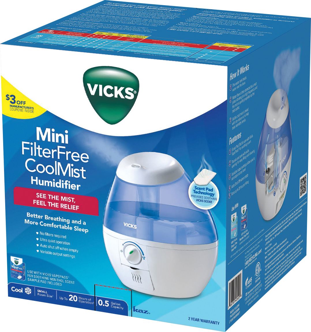 Vicks - 0.5 Gal. Mini Filter Free Cool Mist Humidifier - Blue_3