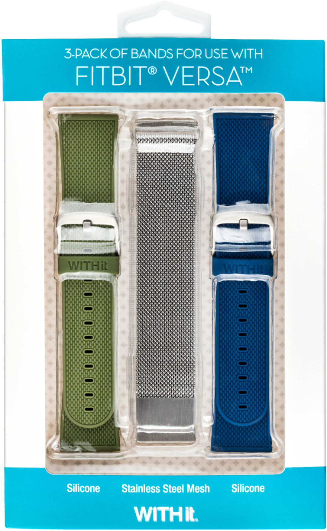 WITHit - Band Kit for Fitbit Versa, Versa Lite and Versa 2 (3-Pack) - Silver/Olive/Navy_9