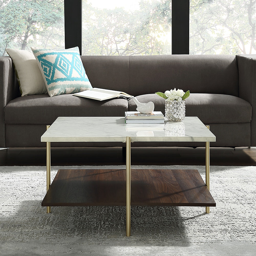 Walker Edison - Modern Square Coffee Table - Faux White Marble/Gold_6