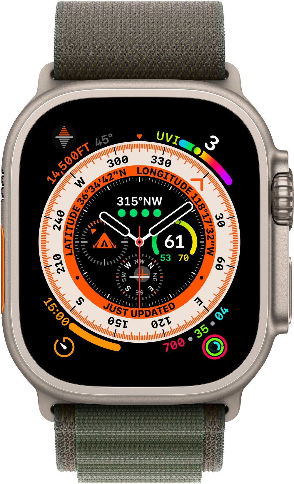 Apple Watch Ultra (GPS + Cellular) 49mm Titanium Case with Green Alpine Loop - Small - Titanium_1