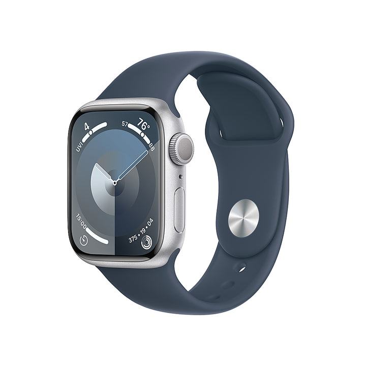 Apple Watch Series 9 (GPS) 41mm Silver Aluminum Case with Storm Blue Sport Band - S/M - Silver_0
