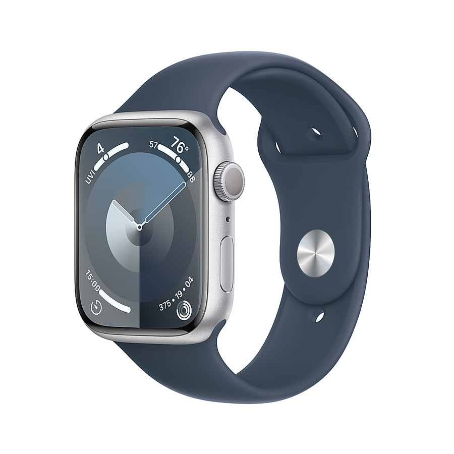 Apple Watch Series 9 (GPS) 45mm Silver Aluminum Case with Storm Blue Sport Band - M/L - Silver_0
