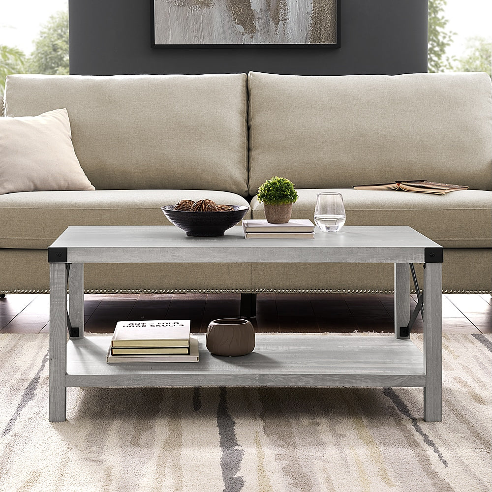 Walker Edison - Rustic Farmhouse Wood Coffee Table - Stone Gray_4