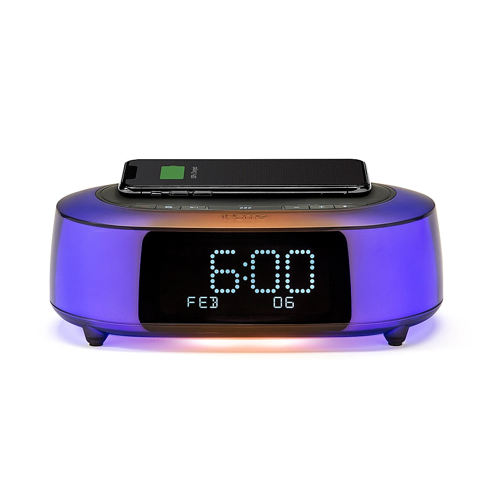 iHome - TimeBoost Glow - Color Changing Bluetooth Alarm Clock Speaker System with Qi Wireless Fast Charging and USB Charging - Black_0