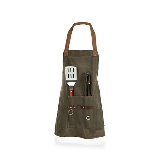 BBQ Apron with Tools & Bottle Opener Khaki Green with Beige Accents_0