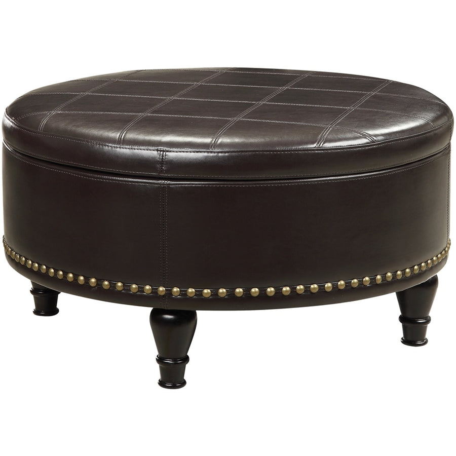 INSPIRED by Bassett - Augusta Round Mid-Century Wood / Bonded Leather Ottoman With Inner Storage - Espresso_0