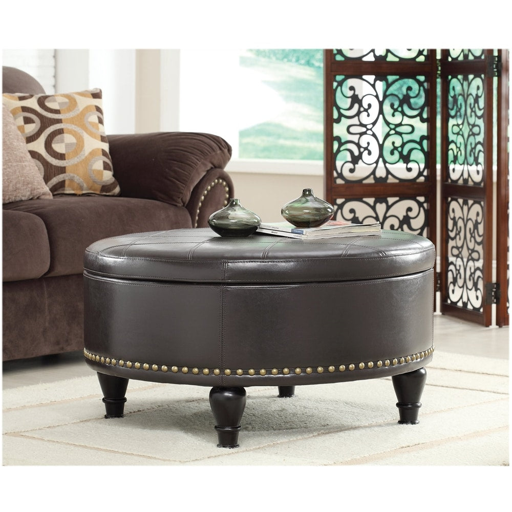INSPIRED by Bassett - Augusta Round Mid-Century Wood / Bonded Leather Ottoman With Inner Storage - Espresso_1